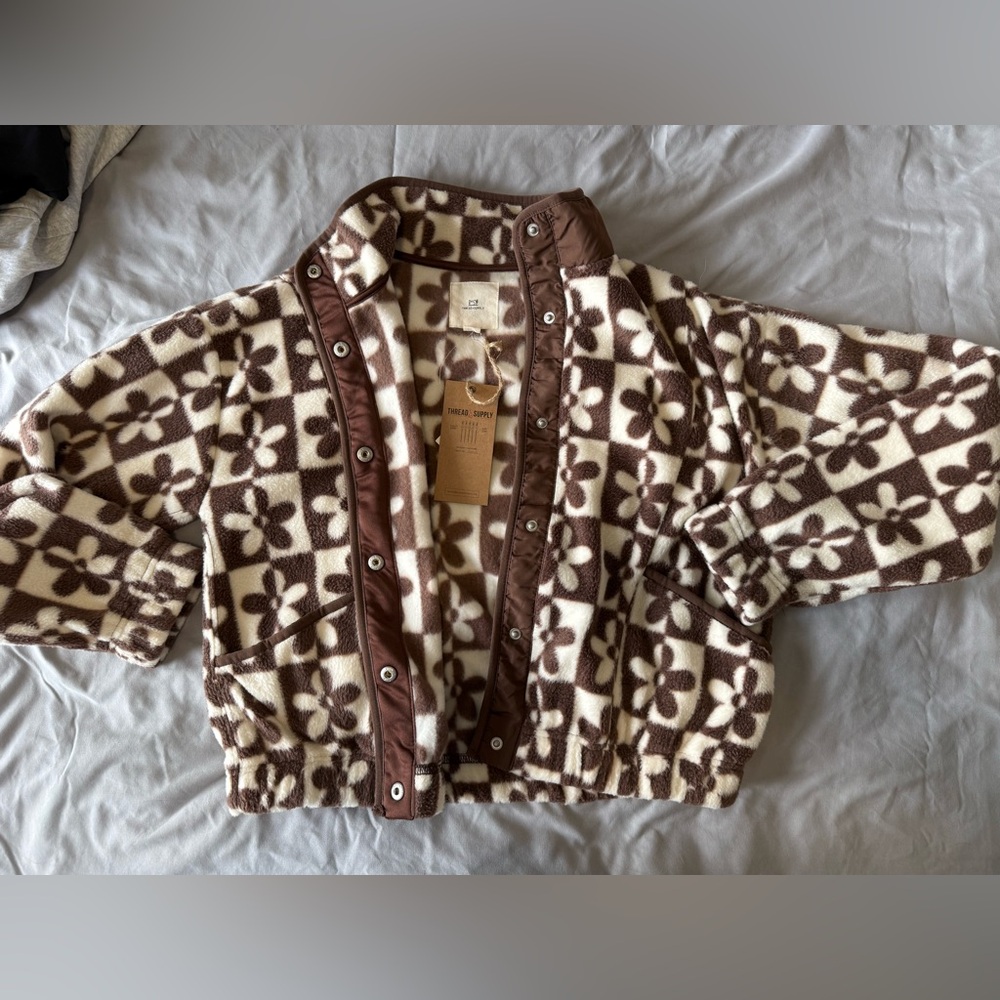 Thread & Supply Brown and White Floral Fleece Jacket